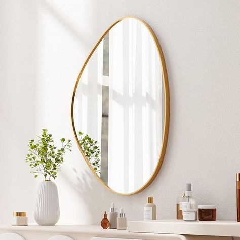 Amazon.com: SANHUAMAO Irregular Wall Mirror Asymmetrical Mirror for Wall 23.6"x33.5" Gold Framed Wall Mirror for Living Room Bathroom Entryway Bedroom : Home & Kitchen Gold Powder Room, Living Room Vanity, Interior Materials, Mirror For Living Room, Asymmetrical Mirror, Asymmetrical Wall, Mirror For Wall, Gold Frame Wall, Mirror Wall Living Room