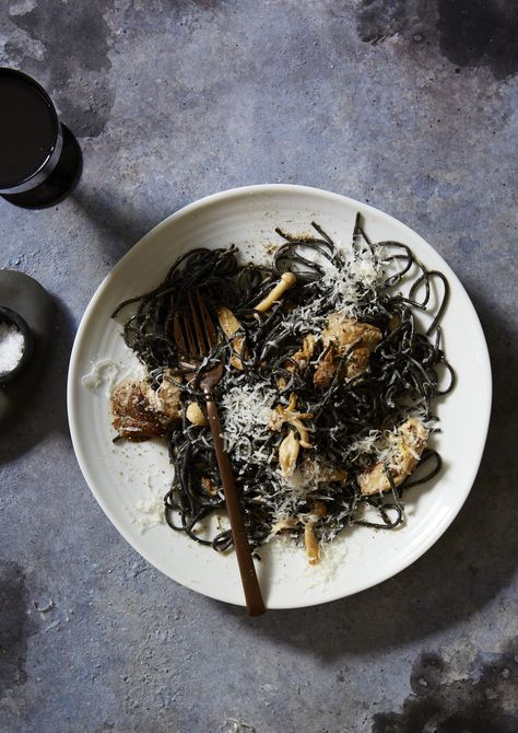 Black Pasta With Mushrooms | Main Course Recipes | Woman&home Squid Ink Spaghetti, Black Pasta, Ink Pasta, Pasta With Mushrooms, Halloween Pasta, Squid Ink Pasta, Squid Recipes, Mushroom Recipes Pasta, Gourmet Food Plating