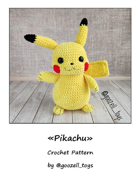 The document provides a detailed crochet pattern for making a Pikachu toy. It includes materials needed, such as yellow, brown, and black yarn, safety eyes, and fiberfill. Step-by-step instructions explain how to crochet different parts of Pikachu, including the tail with a wire frame, the head and body in rounds with color changes, and attaching the tail and other embellishments. The pattern author provides various links and contact information for questions. Crochet Pikachu Pattern Free, Pikachu Crochet Pattern Free, Pikachu Crochet Pattern, Crochet Voodoo, Crochet Pikachu, Ballerina Crochet, Pikachu Crochet, Amigurumi Plushies, Pokemon Crochet Pattern