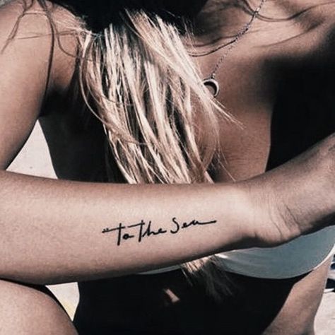 The Sea Tattoo, Small Words Tattoo, Meaningful Word Tattoos, One Word Tattoo, Wörter Tattoos, One Word Tattoos, Phrase Tattoos, Cursive Tattoos, Meaningful Tattoo Quotes