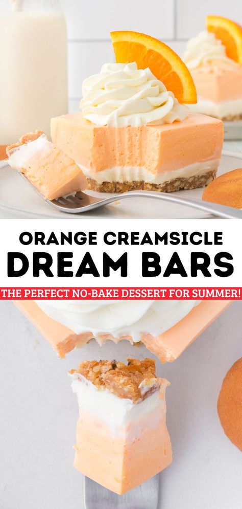 These Orange Creamsicle Dream Bars are the perfect no-bake dessert for summer! Your whole family will love the crunchy crust, sweet cheesecake layer, and refreshing orange cream topping. One taste of this sweet summer dessert, and you’ll go right back to the days of buying an Orange Creamsicle off the ice cream truck. Cookie Crust Cheesecake, Orange Recipes Dessert, Dessert For Summer, Creamsicle Cake, No Bake Summer Desserts, Orange Dessert, Cheesecake Layer, Baked Dessert, Orange Baking