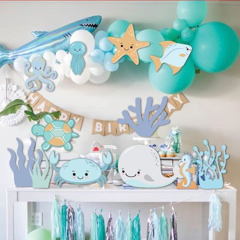 Under The Seas Birthday, Underwater Theme 1st Birthday Party, Under The Sea Beach Party, Birthday Theme Under The Sea, Birthday Blue Theme Decoration, Ocean Decor Party, Ocean Theme Birthday Decorations, Sea World Theme Birthday Party, Sea World Birthday Party