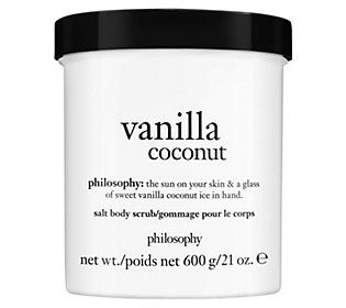 philosophy's sea salt body scrub is the perfect way to polish skin, leaving you super-soft and smooth! The special formula blend of sea salt in a glycerin base provides polishing action and simultaneously delivers a wash of hydration to help exfoliate away the dry skin, leaving you touchably soft and smooth.  vanilla coconut: a blend of coconut milk, shredded coconut, and whipped vanilla cream  How do I use it: Mix well before each use. Apply to wet skin in the shower or bath and massage onto sk Philosophy Body Wash Coconut, Philosophy Vanilla Coconut, Coconut And Vanilla Body Wash, Philosophy Body Scrub, Vanilla Philosophy, Coconut Hygiene, Philosophy Vanilla, Vanilla Body Scrub, Coconut Body Scrub