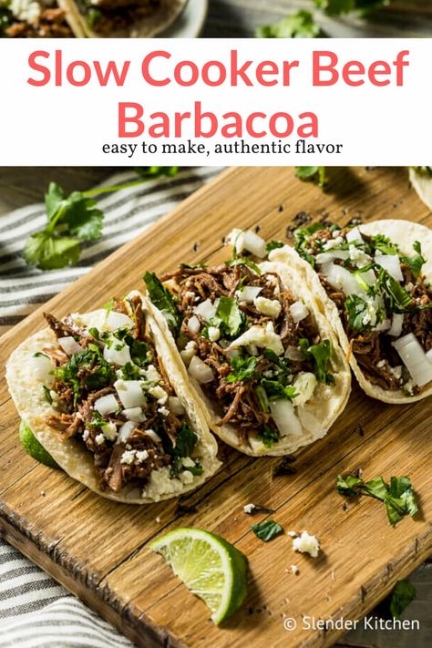 This easy shredded beef barbacoa made in the slow cooker is made with a spicy and smoky chipotle pepper sauce with onions and garlic. Authentic and delicious. This healthy recipe from Slender Kitchen is MyWW SmartPoints compliant and gluten free, low carb, paleo and Whole30. #dinner #freezerfriendly #makeahead Beef Barbacoa Slow Cooker, Tacos Mexicanos, Bbq Jackfruit, Slender Kitchen, Barbacoa Beef, Beef Cheeks, Diner Recept, Homemade Beef, Slow Cooker Beef