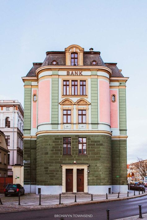 green and pink bank building wroclaw poland Europe Building Architecture, Poland Buildings, Wroclaw Aesthetic, Poland House, Old Bank Building, Poland Architecture, Poland Wroclaw, Bank Building, Wroclaw Poland