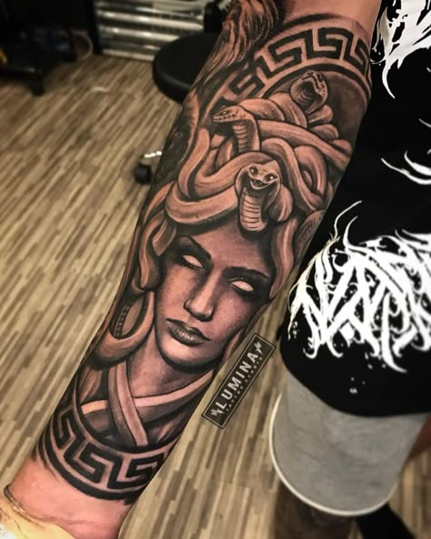 Hand Tattoos For Guys Aesthetic, Popular Loner Tattoos, Medusa Tattoo Design For Men, Greek Hand Tattoo, Medusa Tattoo Forearm, Medusa Forearm Tattoo, Greek Tattoo Sleeve, Medusa Arm Tattoo, Medusa Tattoo Sleeve