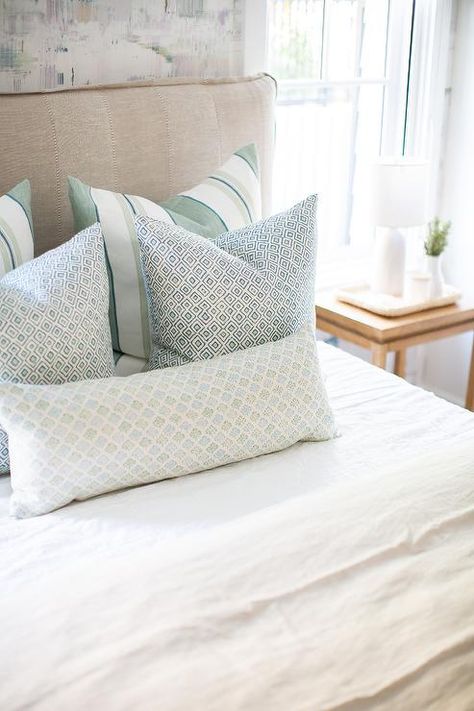 Blue And Green Pillows, White Tufted Bed, Grey Trellis Rug, Slipcovered Bed, Small Family Home, Slipcovered Headboard, Light Grey Bedding, Brooke Wagner Design, Toronto Interior Design