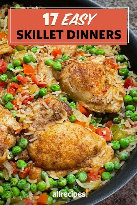 Looking for the best dinner ideas? Try cooking these easy skillet dinners. From a chicken thigh and rice skillet to a pork chop skillet to stir fry, these quick and easy skillet meals are delicious weeknight dinner recipes for your family. One Frying Pan Meals, One Pot Skillet Meals Healthy, Best Skillet Meals, Stove Top Skillet Recipes, Stove Top Skillet Meals, Simple Cast Iron Skillet Recipes, One Pan Stovetop Meals, Electric Skillet Recipes Breakfast, Electric Skillet Cooking