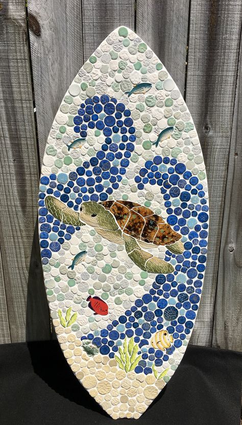 Mosaic Sea Life, Turtle Surfboard, Turtle Mosaic, Surfboard Wall Decor, Floor Inlay, Mermaid Tile, Turtle Wall Decor, Mosaic Art Diy, Surfboard Decor