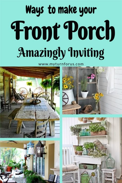 Country Front Porches, Rustic Front Porch, Summer Porch Decor, Porch Table, Spring Porch Decor, Vintage Porch, Decorating Hacks, Farmhouse Designs, Front Porch Signs