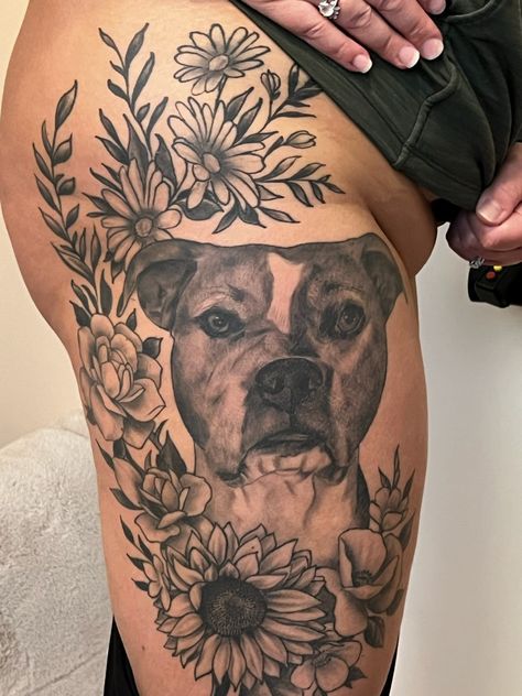 Dog Tattoo On Thigh, Dog Tattoo Thigh, Pitbull Tattoo For Women, Jonah Tattoo, Pitbull Tattoo Design, Animal Tattoo Sleeve, Butter Tattoo, Tattoo Perro, Tattoo Writing Fonts