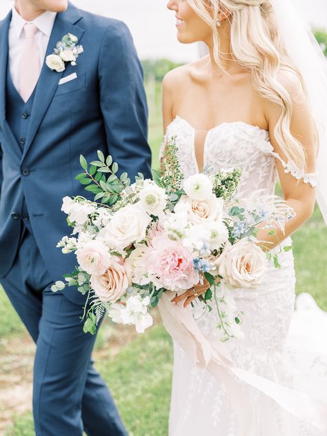 Pink Blue Wedding Bouquet, Blue And Pink Wedding Florals, Pink White Blue Wedding Flowers, Blue White Pink Wedding, Blue And Pink Wedding Flowers, Coastal Wedding Flowers, Pastel Wedding Florals, Flower Color Palette, Traditional Bouquet