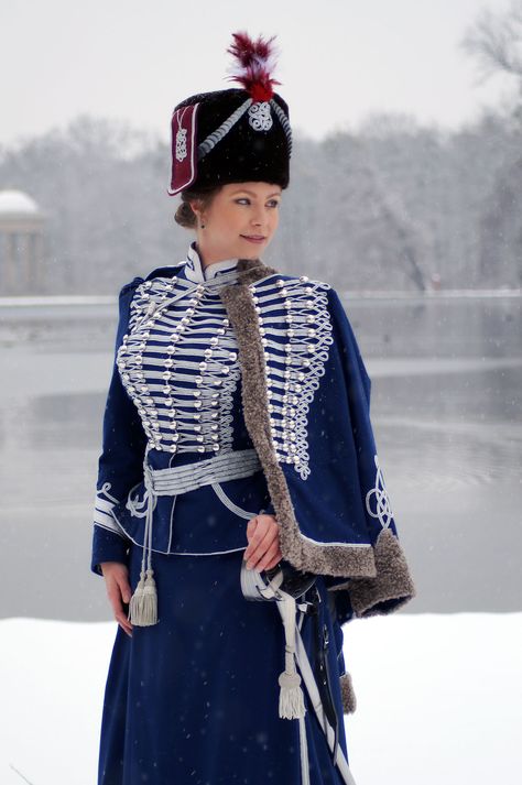 1900s Hussar Uniform (inspired by Princess Viktoria Luise of Prussia): Skirt, attila, pelisse, fur shako and barrel sash. Soutache braiding all done by hand. Prussian Hussar Uniform, Prussian Uniform 1870, Hussar Uniform, Prussian Napoleonic Uniforms, Bavarian Napoleonic Uniforms, Women's Military Uniform, Century Uniforms, Women's Uniforms, Fancy Fits