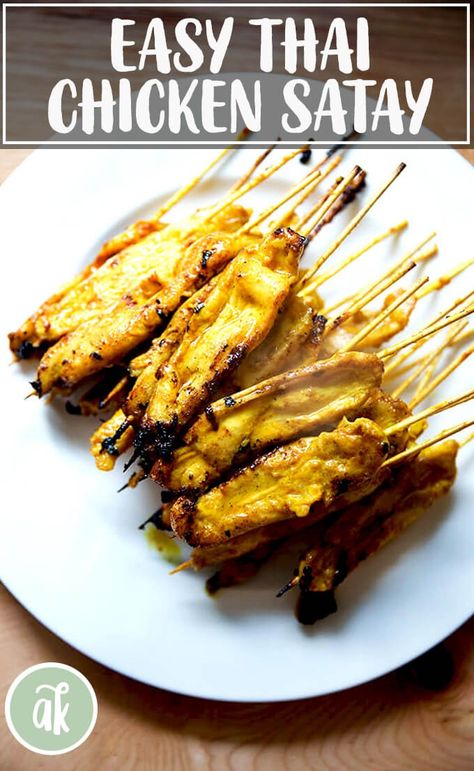 This easy Thai chicken satay has become my children's most requested meal. The chicken marinade comes together in a snap. Serve it with coconut rice and all dinner done. #easy #thai #chicken #satay #skewer #children Thai Chicken Marinade, Chicken Satay Marinade, Satay Marinade, Easy Thai Chicken, Thai Chicken Satay, Chicken Satay Skewers, Chicken Satay Recipe, Satay Recipe, Satay Chicken