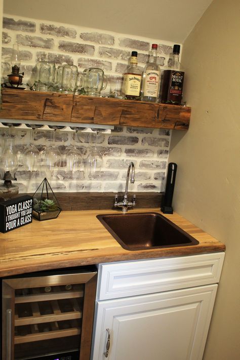 Shed Addition Ideas, Bar With Sink, Barnwood Bar, Industrial Home Bar, Diy Basement Bar, Barnwood Shelf, Under Staircase, Industrial Sink, Living Room Addition