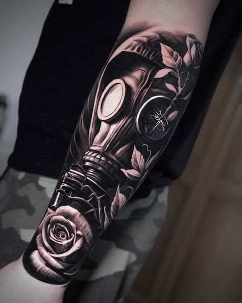 Realism Tattoo Forearm, Black And Gray Tattoo Design For Men, Wwii Tattoos, Black And Grey Realism Tattoo Design, Realism Tattoo Design, Gas Mask Tattoo, Underarm Tattoo, Tattoo Black And Grey, Idea Tattoo