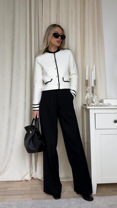 Business Conference Outfits Women Winter, Black And White Professional Outfits, High Contrast Outfits Women, Black And White Office Outfits Women, Citizenship Ceremony Outfit Ideas, Professional Winter Outfits Women, Business Lunch Outfit, Black Cullotes Outfits, Black And White Work Outfit