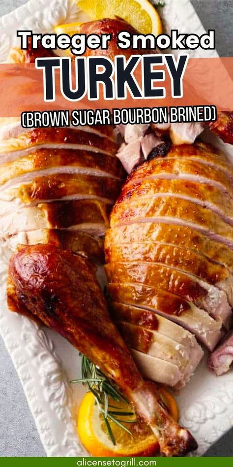 Step up your turkey game during the holidays and be sure to impress your
 guests with this Traeger smoked turkey, infused with a brown sugar 
bourbon brine. This turkey is packed full of smoky-sweet flavors 
complemented by the natural flavors of the bourbon. The brown sugar 
bourbon butter glaze really takes it to the extreme and makes this an 
unforgettable centerpiece for your turkey-day feast! Whiskey Brine For Turkey, Turkey Brine For Smoked Turkey, Bourbon Turkey Brine, Traeger Turkey, Bourbon Brine, Traeger Smoked Turkey, Smoked Turkey Brine, Smoked Pizza, Bourbon Turkey