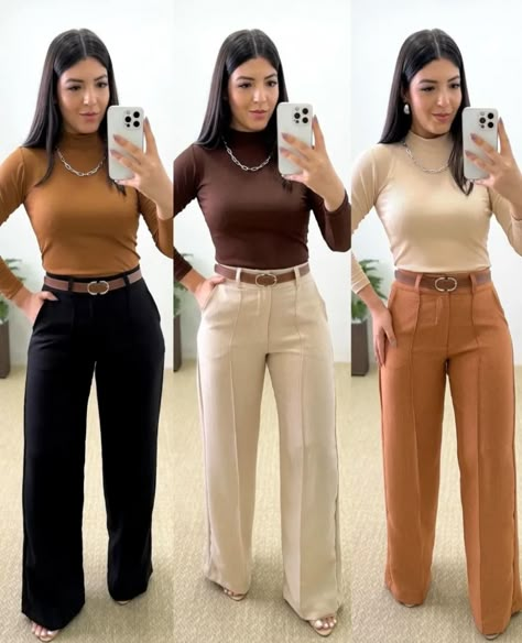 Brown Top Outfit Work, Dark Tan Pants Outfit, Work Slacks Women Outfit Ideas, Beige Top And Jeans Outfit, Shein Office Outfits Women, Outfit Pantalon Ancho, Brown Slacks Outfit Women, Tan Pants Outfit Work, Brown Trousers Outfit Women