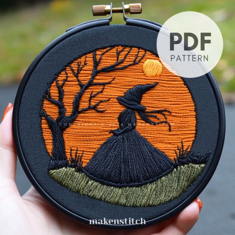 Makenstitch on Etsy Embroidery Inspiration For Beginners, Embroidery Halloween Designs, Halloween Embroidery Patterns Free, Halloween Hand Embroidery, Witch Embroidery, Gothic Embroidery, Embroidery Guide, Witch Pattern, Embroidery Halloween