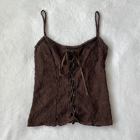 Vintage 90’s/2000’s brown mesh/lace tie up brown... - Depop Trendy Brown Cami Top, Fitted Brown Lace Top, Brown Cami Top, Brown Fitted Cami Tank Top, Brown Sleeveless Y2k Top, Brown Lacy Tank Top, Brown Cami, Lace Tie, Cami Top