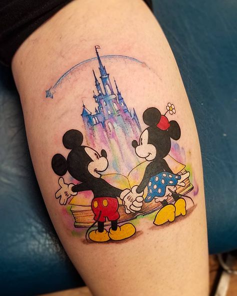 disney watercolor tattoo Disney Tattoos Mickey, Disney Castle Tattoo, Cute Disney Tattoos, Disney Couple Tattoos, Mickey And Minnie Tattoos, Minnie Tattoo, Disney Inspired Tattoos, Pop Culture Tattoos, Mickey Tattoo