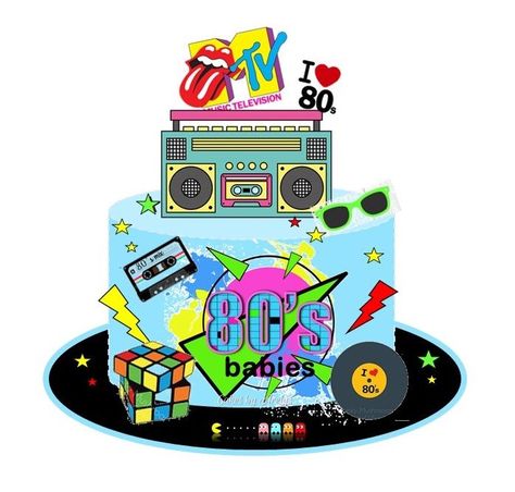 80s theme with boom box, and MTV logo topper 80s Theme Cake, Crazy Birthday Cakes, Cake Sketch, Vintage Party Ideas, Pop Art Party, Disco Cake, Mtv Logo, 40th Cake, 80s Theme Party