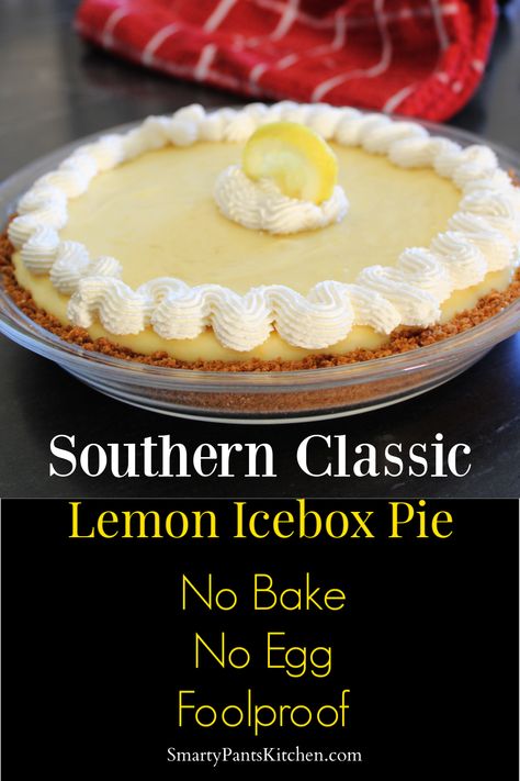 Lemon icebox pie with scalloped whipped cream edging No Bake Lemon Icebox Pie, Lemon Icebox Pie, No Bake Lemon, Lemon Pie Recipe, Icebox Pie, Lemon Dessert Recipes, Easy No Bake, Lemon Pie, Delicious Pies