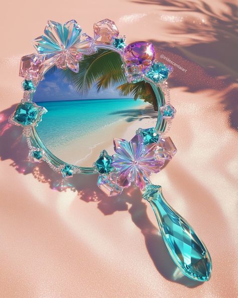 A magical mirror that can transport you to anywhere you want to go? YES PLEASE #IridescentAIArt #IridescentArt #Iridescent #Mirror #MagicMirror #Beach #Summer Cute Mermaid Aesthetic, Mermaid Essence, 90s Summer Aesthetic, Iridescent Mirror, Magical Mirror, Font Aesthetic, Picture Borders, Angelcore Aesthetic, 90s Summer