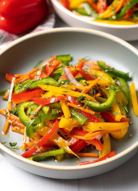 Best Bell Pepper Salad Recipe - This delightfully crunchy bell pepper salad (or slaw!) is brimming with fresh veggies and herbs, all tossed in a bright lemon honey dressing. It's the perfect side dish for summer! | A Spicy Perspective Bell Pepper Slaw, Bell Pepper Slaw Recipe, Sides With Bell Peppers, Peppers Salad Recipes, Lemon Pepper Vegetables, Pepper Salad Recipes Bell, Bell Pepper Appetizer Recipes, Vegetarian Bell Pepper Recipes, Sweet Pepper Recipes Healthy