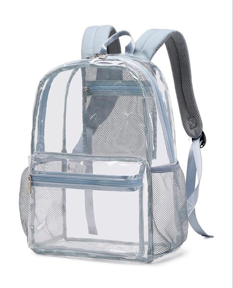 We got these clear backpacks for our competition squad this year and used a cricut to add each girls name to their backpack. They were adorable and stood out next to all the over used glitter bags Clear Bookbag, Backpack Designs, Cheer Backpack, Transparent Backpack, Clear Backpacks, Backpack Hanger, Y2k Handbag, Clear Backpack, Backpack For School