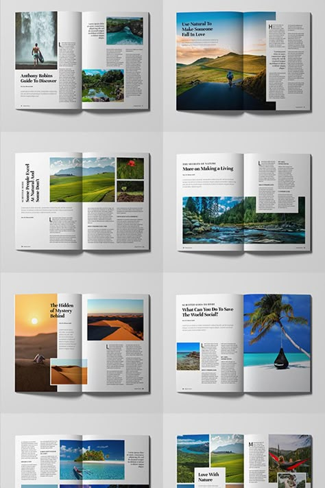 Magazine Template, This can be used for Travel, Nature, Lifestyle or any others purpose. Super simple to edit and customize with your own details! Travel Magazine Cover Ideas, Magazine Layout Design Architecture, Nature Magazine Design, Travel Catalogue Design Layout, Travel Catalogue Design, Nature Magazine Layout, Magazine Style Layout, Outdoor Magazine Layout, Simple Magazine Layout