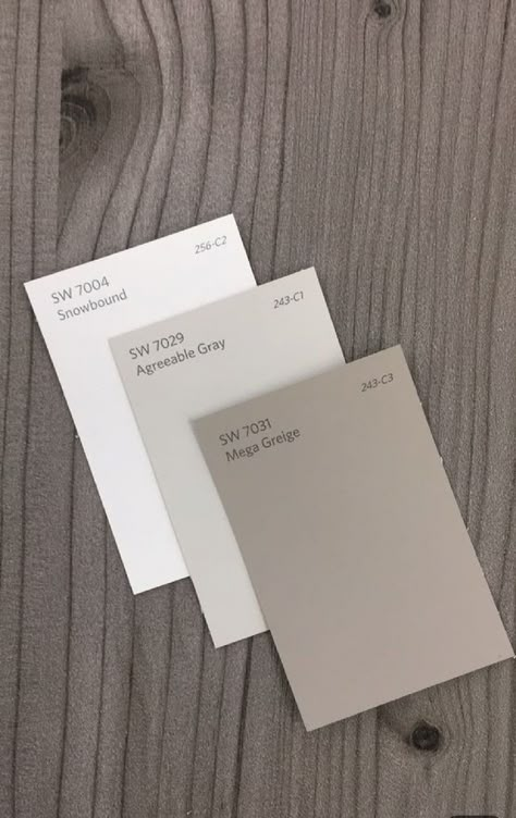 Sherwin-Williams: Snowbound, Agreeable Gray, Mega Greige Mega Greige, Hamptons Bedroom, Interior Paint Colors Schemes, Agreeable Gray, Pintura Exterior, Paint Color Schemes, Grey Color Palette, Exterior Paint Colors For House, Interior Paint Colors