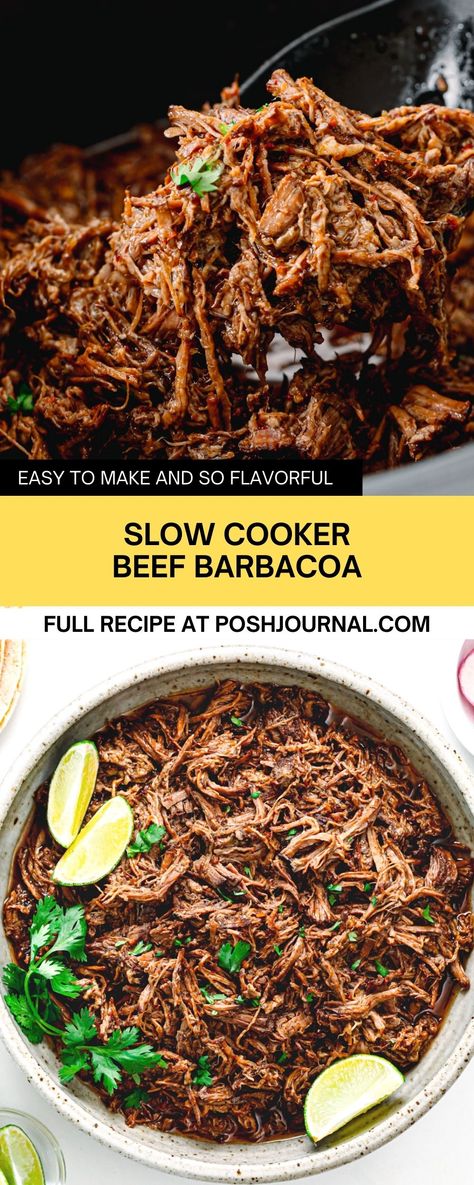 Beef Barbacoa Recipes, Pull Beef Slow Cooker, Barbacoa Slow Cooker, Slow Cooker Beef Carnitas, Chicken Barbacoa, Slow Cooked Pulled Beef, Pulled Beef Recipe, Beef Barbacoa, Mexican Pulled Beef