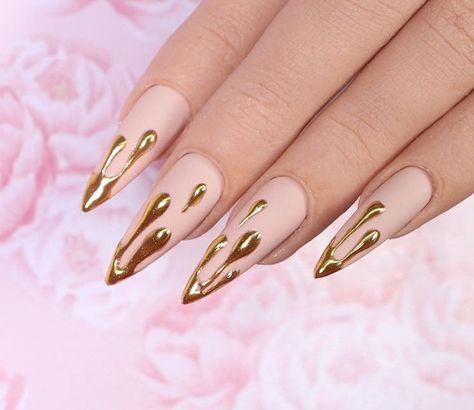 Beautiful Hard Acrylic Summer Nail Compilation 2023 Gold Drop Nails, Gold Chrome Drip Nails, Crystal Clear Acrylic Nails, Dripping Gold Nails, Chrome Powder Nail Art, 3d Gold Chrome Nails, Gold And Nude Acrylic Nails, Gold And Clear Nails, Mixed Metal Nails