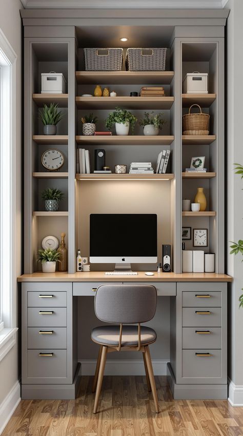 Hidden Desk Ideas Small Built In Desk Ideas, Wall Cabinets With Desk, 2 Desk Built In Office, Desk Closet Combo, Built In Desk And Shelves Office Small Spaces, Office With Floating Desk, Nightstand Desk Combo, Peninsula Desk With Bookcase, Hideable Home Office