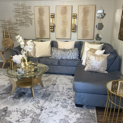 Kitchen Colors Decorating Ideas, Living Room Ideas Gold, Gold And Gray Living Room, Grey And Gold Living Room Ideas, Gold And Grey Living Room, Navy Blue Furniture Living Room, Gold And Silver Living Room, Glam Living Room Decor Luxury, Gray And Gold Living Room