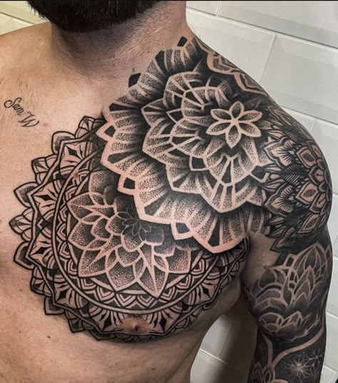 Chest Mandala Tattoo, Alchemy Tattoos, Mandala Chest Tattoo, Back Tattoos For Guys Upper, Chest Neck Tattoo, Fighter Tattoos, Mandala Tattoo Men, Mandela Tattoo, Mother Tattoos For Children