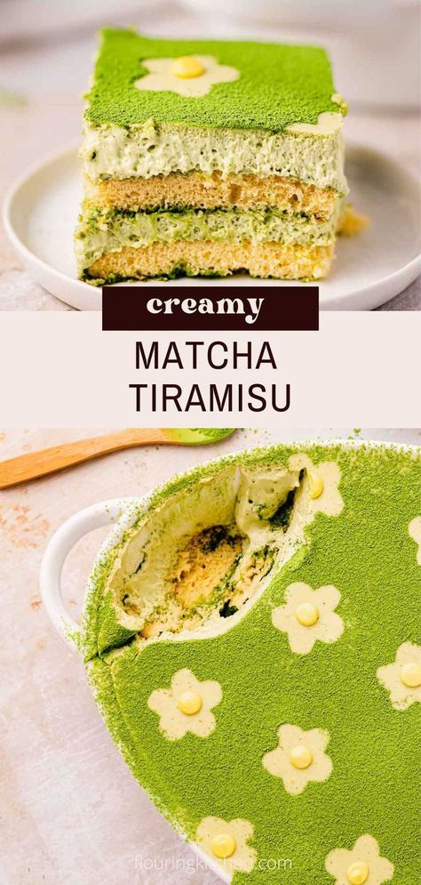 tiramisu topped with bright green matcha and flowers Matcha Tiramisu Recipe, Traditional Tiramisu Recipe, Creamy Matcha, Filipino Dessert Recipes, Matcha Tiramisu, Matcha Tea Latte, Strawberry Tiramisu, Matcha Dessert, Matcha Milk