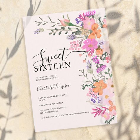 Spring Sweet 16, Teenage Birthday Party, Summer Birthday Invitations, Elegant Birthday Invitations, Sweet Sixteen Birthday Invitations, Country Flowers, Floral Birthday Invitations, 16th Birthday Invitations, Wild Country