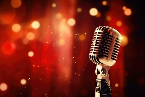 Open Mic Poster, Singer Background, Microphone On Stage, Retro Microphone, Music Background, Open Mic, Bokeh Background, Music Backgrounds, Cityscape Photos