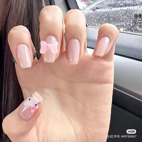 Paznokcie Hello Kitty, Cute Pink Nails, Hello Kitty Nails, Blush Nails, Really Cute Nails, Soft Nails, Cat Nails, Kawaii Nails, Pink Acrylic Nails