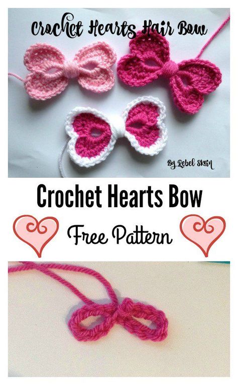 Free Heart Crochet Pattern, Flor Crochet, Crochet Bow Pattern, Bandeau Au Crochet, Crochet Hearts, Crochet Embellishments, Confection Au Crochet, Animal Crochet, Crochet Bows