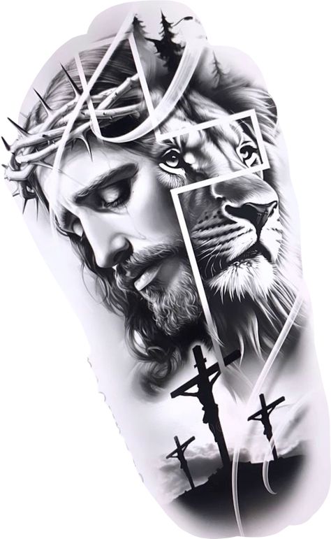 Lion Tattoo Design Sketches Pencil Drawings, Jesus Lion Tattoo, Tattoo Design Sketches, Lion Shoulder Tattoo, Jesus Tattoo Design, Lion Art Tattoo, Lion Tattoo Sleeves, Realistic Tattoo Sleeve, Forearm Band Tattoos