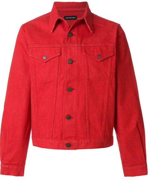 Calvin Klein 205W39NYC Designer Denim Jacket, Red Denim Jacket, Cl Fashion, Patch Jacket, Collared Jacket, Red Denim, Calvin Klein 205w39nyc, Jean Jacket Men, Racer Jacket