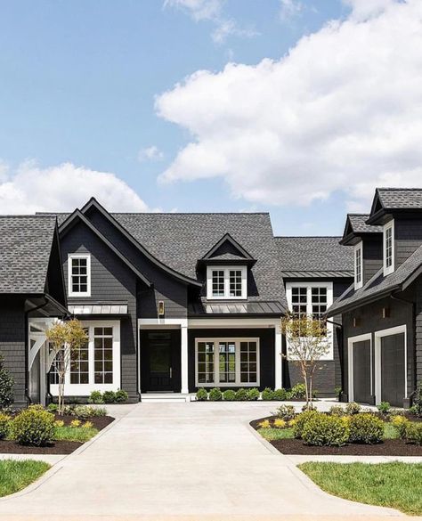 Post Image Black House Wood Door, Gray House Black Roof, Black Exterior House, Dark Exterior House, Dark Grey Houses, Charcoal House, Master Addition, Gray House Exterior, White Exterior Houses