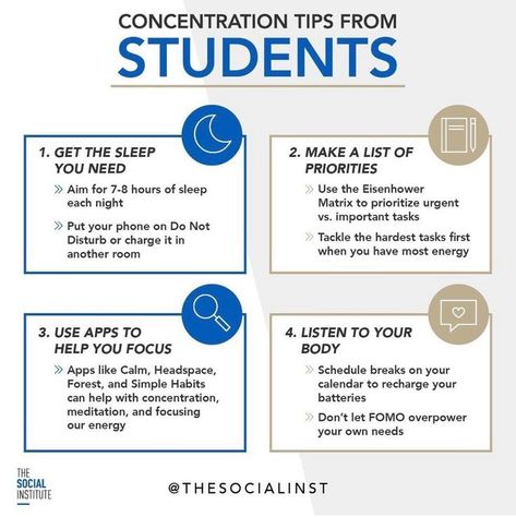 A graphic of concentration tips for students Concentration Tips, Social Emotional Health, Exam Season, Social Standards, High School Survival, Effective Study Tips, Tips For Students, Student Life Hacks, School Survival