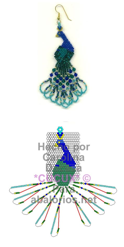 Pretty beaded peacock - idea for ear-ring, brooch or charm. :) Beaded Peacock Pattern, Peacock Bead Patterns, Beaded Peacock, Beaded Birds, Pony Bead Projects, Diy Jewelry Making Tutorials, Beading Earrings, Seed Bead Crafts, Crochet Bedspread Pattern