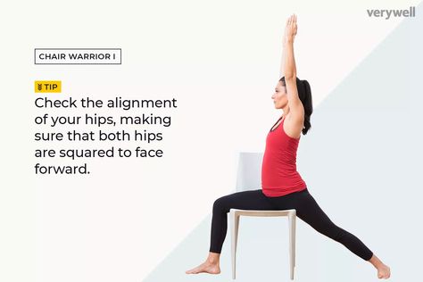 Chair Warrior I - Virabhadrasana I Chair Yoga Sequence, Chair Yoga Poses, Traditional Poses, Yoga Chair, Chair Exercise, Chair Pose Yoga, Yoga For Seniors, Yoga Guide, Warrior Pose