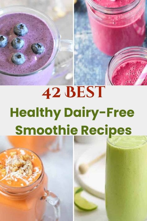 collage of dairy free smoothies Vegan Smoothie Recipes Plant Based, Smoothie Recipes No Dairy, Non Dairy Smoothie Recipes, Lactose Free Smoothie Recipes, Smoothies Dairy Free, Dairy Free Smoothie Recipes, Lactose Free Smoothies, Dinner Smoothie Recipes, Non Dairy Smoothie